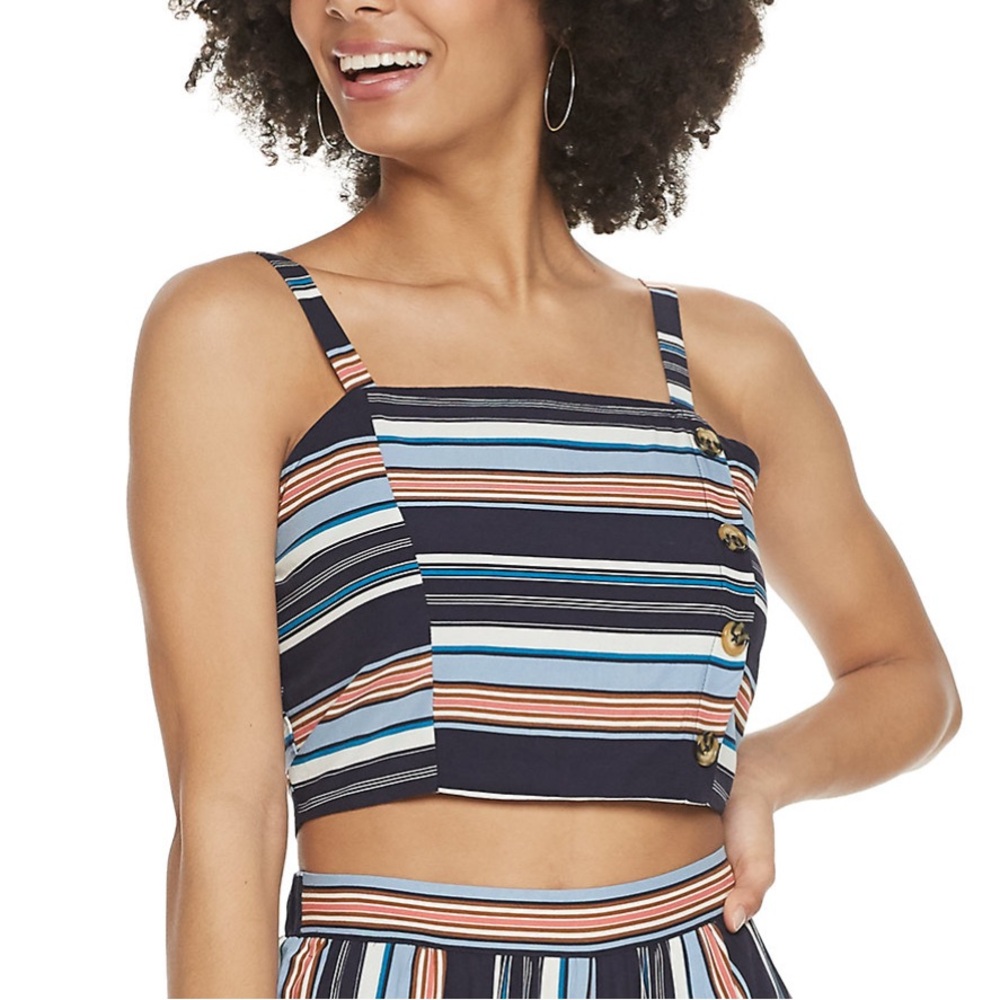Live To Be Spoiled Juniors Square-neck Blue/Orange Stripe Vacation Crop Tank Top